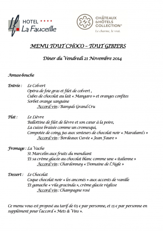 Menu Chocolat Gibier au restaurant LE 860